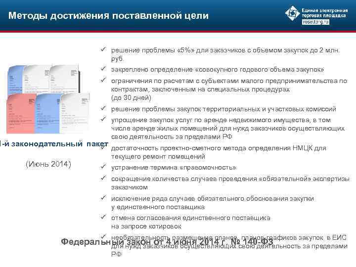 Методы достижения поставленной цели ü решение проблемы « 5%» для заказчиков с объемом закупок