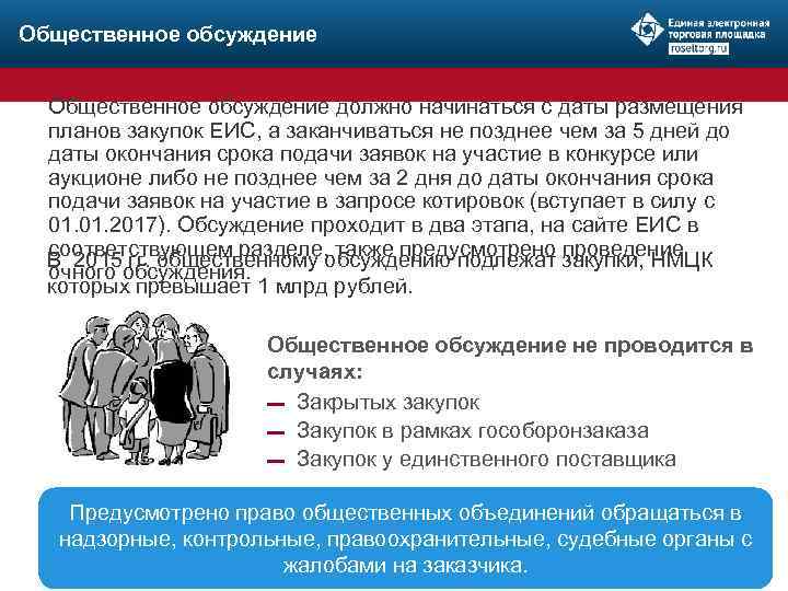 Общественное обсуждение должно начинаться с даты размещения планов закупок ЕИС, а заканчиваться не позднее