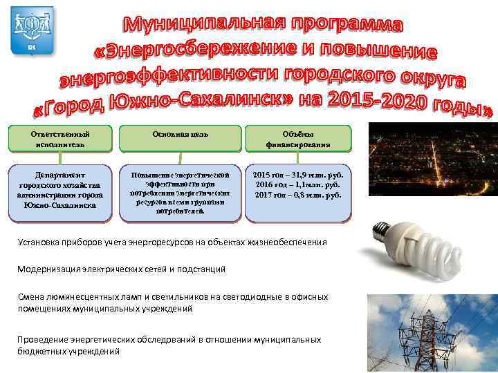 Ответственный исполнитель Основная цель Объёмы финансирования Департамент городского хозяйства администрации города Южно-Сахалинска Повышение энергетической