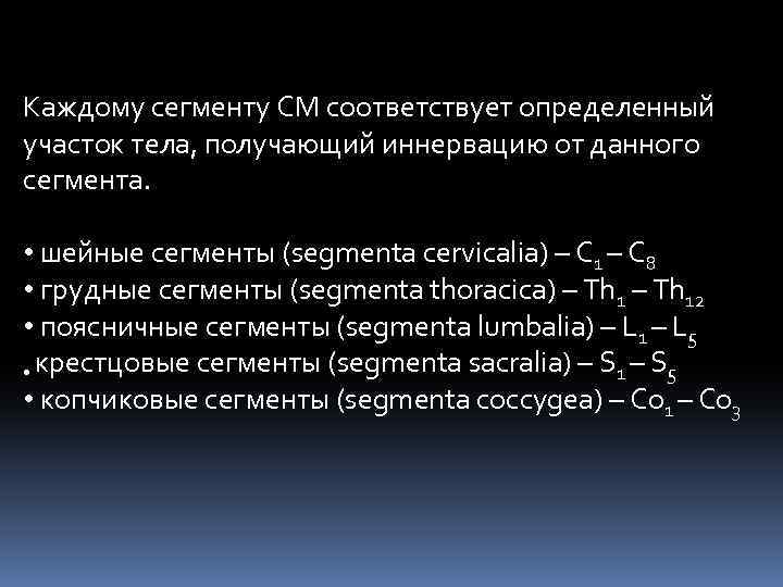 Каждому сегменту СМ соответствует определенный участок тела, получающий иннервацию от данного сегмента. • шейные