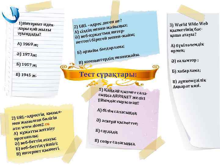 1)Интернет идеялары қай жылы туындады? А) 1969 ж; Ә) 1973 ж; Б) 1957 ж;