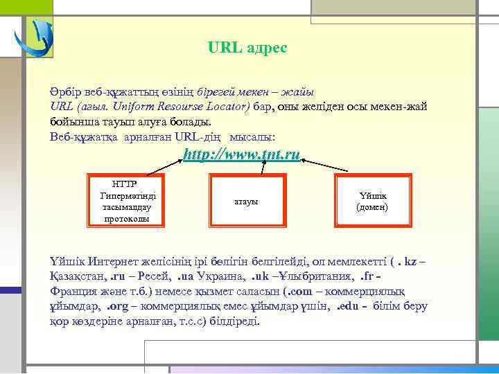 URL адрес Әрбір веб-құжаттың өзінің бірегей мекен – жайы URL (ағыл. Uniform Resourse Locator)