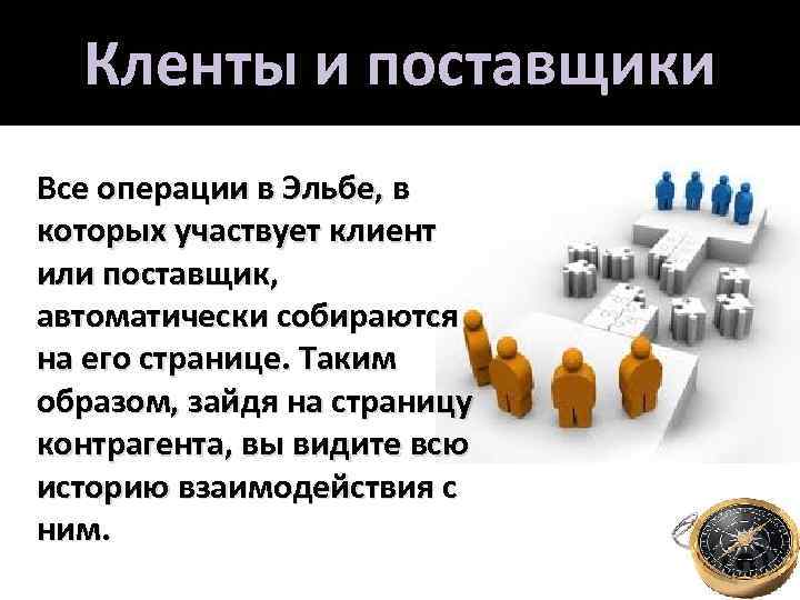 Кленты и поставщики Все операции в Эльбе, в которых участвует клиент или поставщик, автоматически