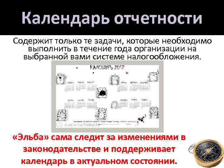 Календарь отчетности Содержит только те задачи, которые необходимо выполнить в течение года организации на