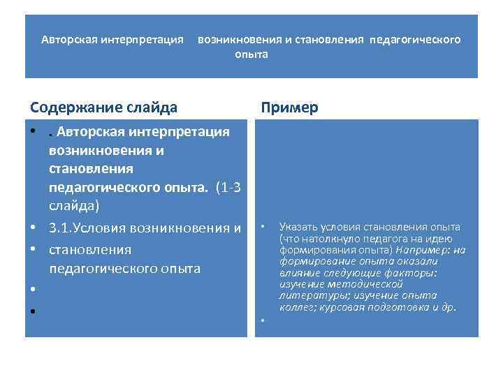 Авторская интерпретация возникновения и становления педагогического опыта Содержание слайда Пример • . Авторская интерпретация