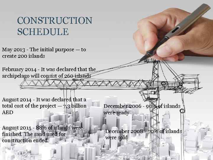 CONSTRUCTION SCHEDULE May 2013 - The initial purpose — to create 200 islands February