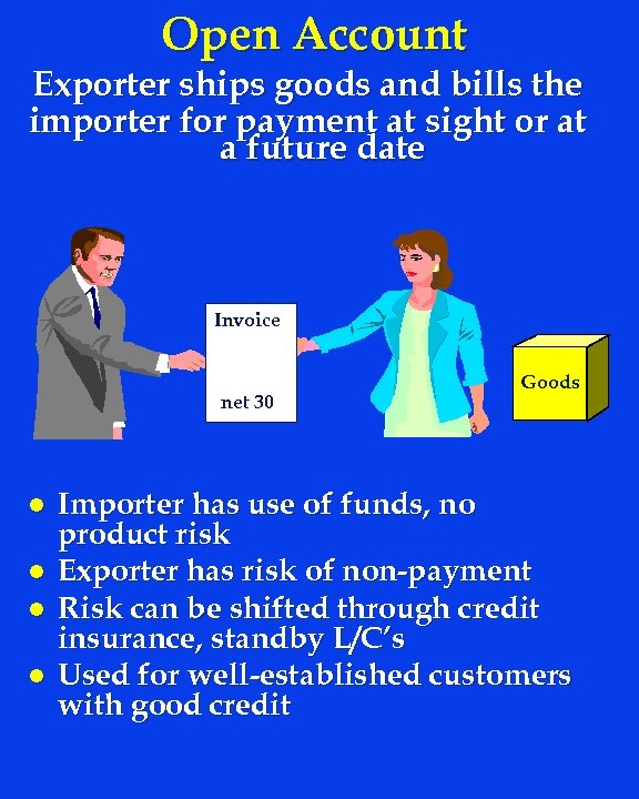 Open Account Exporter ships goods and bills the importer for payment at sight or