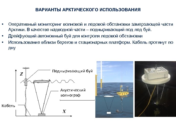 ВАРИАНТЫ АРКТИЧЕСКОГО ИСПОЛЬЗОВАНИЯ • • • Оперативный мониторинг волновой и ледовой обстановки замерзающей части