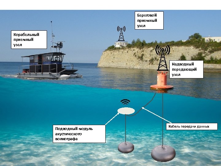 Береговой приемный узел Корабельный приемный узел Надводный передающий узел Подводный модуль акустического волнографа Кабель