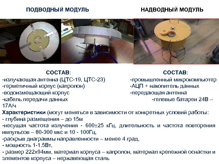 ПОДВОДНЫЙ МОДУЛЬ НАДВОДНЫЙ МОДУЛЬ СОСТАВ: -излучающая антенна (ЦТС-19, ЦТС-23) -промышленный микрокомпьютер -герметичный корпус (капролон)