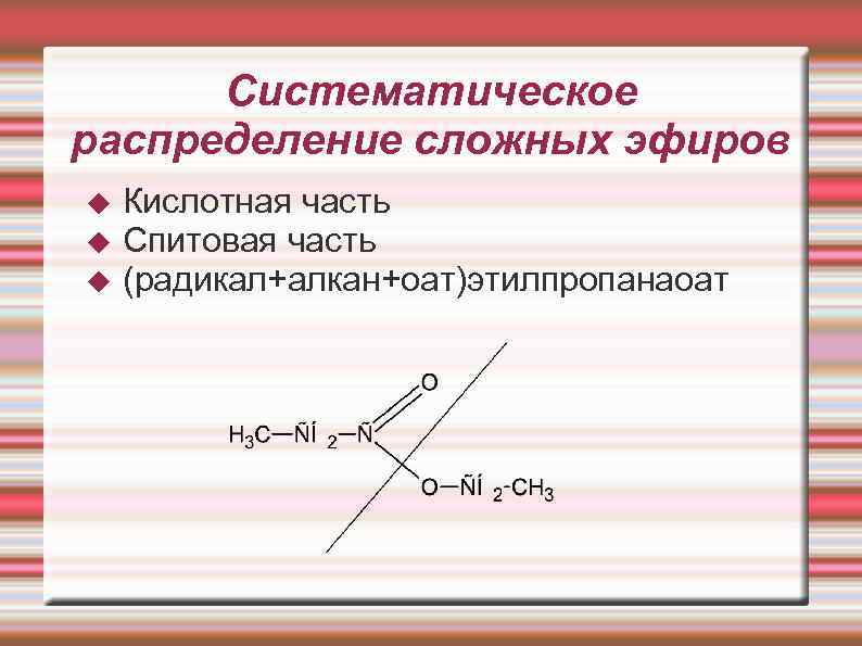 Систематическое распределение сложных эфиров Кислотная часть Спитовая часть (радикал+алкан+оат)этилпропанаоат 