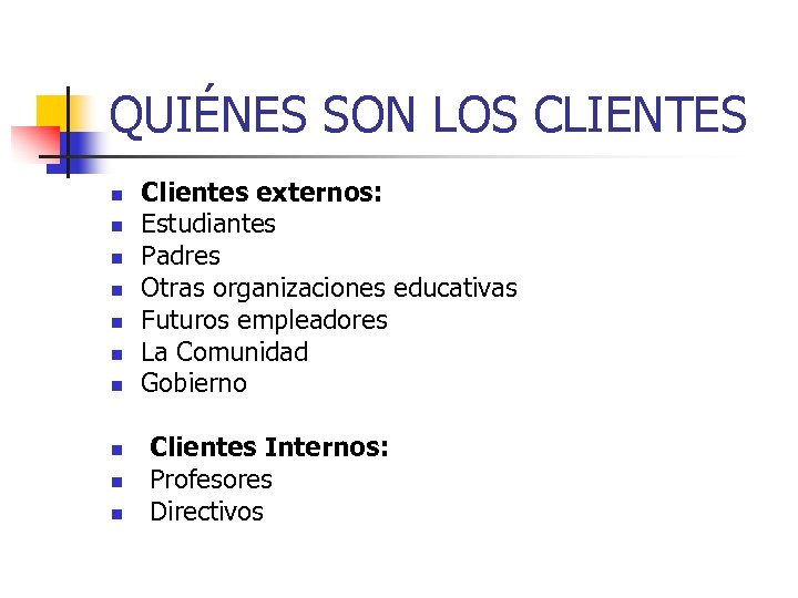 QUIÉNES SON LOS CLIENTES n n n n n Clientes externos: Estudiantes Padres Otras