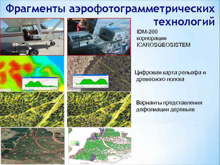 Фрагменты аэрофотограмметрических технологий IDM-200 корпорации ICAROSGEOSISTEM Цифровая карта рельефа и древесного полога Варианты представления