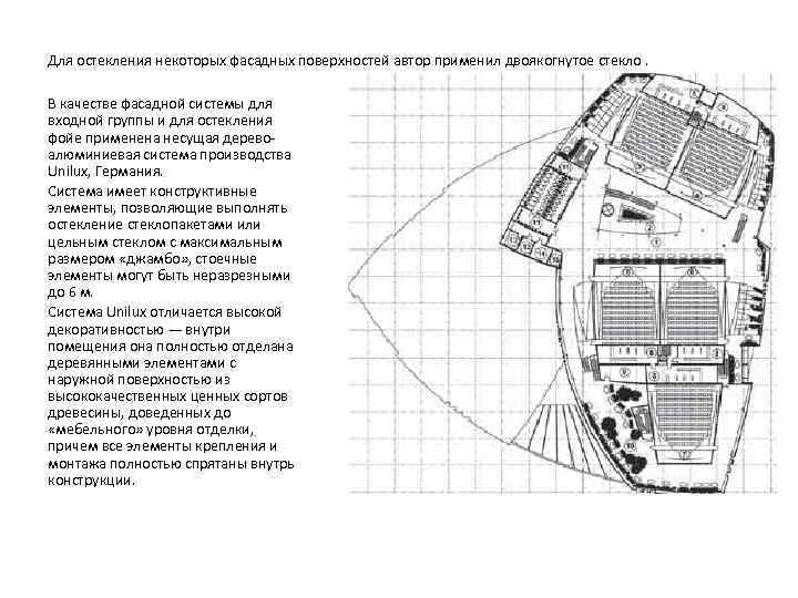 Для остекления некоторых фасадных поверхностей автор применил двоякогнутое стекло. В качестве фасадной системы для