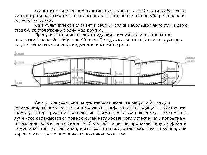 Функционально здание мультиплекса поделено на 2 части: собственно кинотеатра и развлекательного комплекса в составе