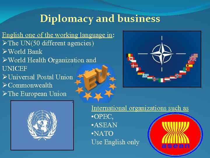Diplomacy and business English one of the working language in: ØThe UN(50 different agencies)