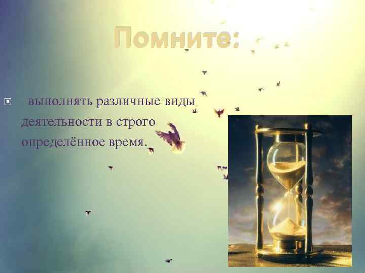 Помните: выполнять различные виды деятельности в строго определённое время. 