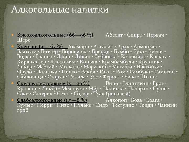 Алкогольные напитки Высокоалкогольные (66— 96 %) Абсент • Спирт • Первач • Штро Крепкие