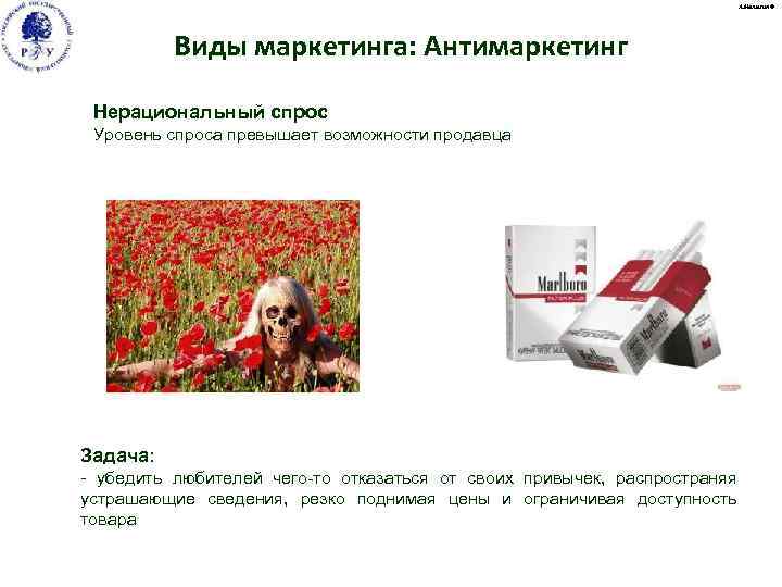 А. Малыгин © Виды маркетинга: Антимаркетинг Нерациональный спрос Уровень спроса превышает возможности продавца Задача: