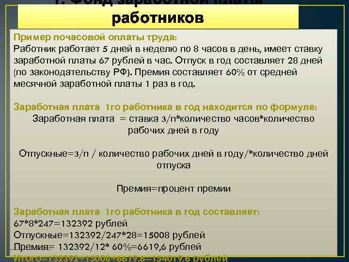 1. Фонд заработной платы работников Пример почасовой оплаты труда: Работник работает 5 дней в