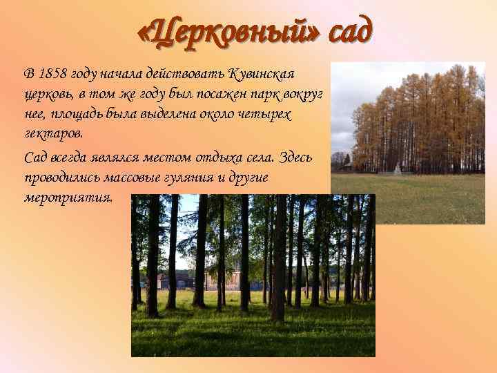  «Церковный» сад В 1858 году начала действовать Кувинская церковь, в том же году