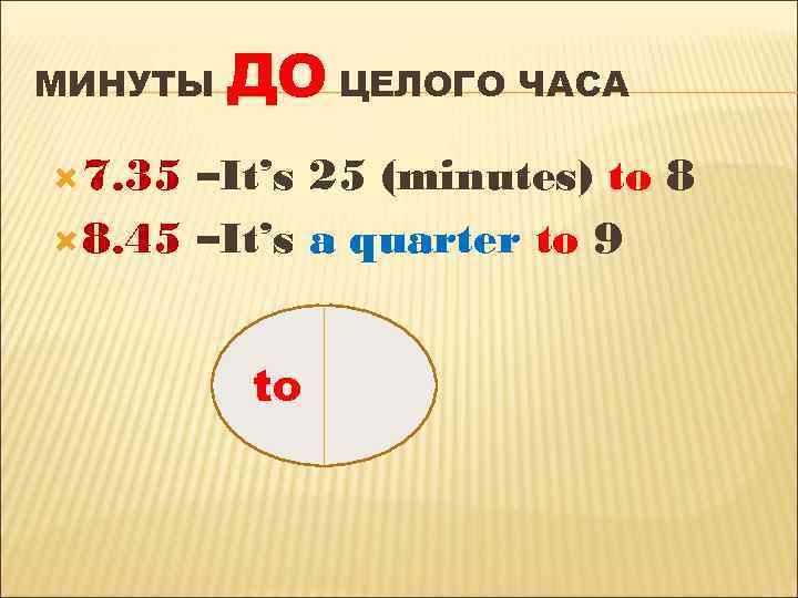 МИНУТЫ ДО ЦЕЛОГО ЧАСА 7. 35 –It’s 25 (minutes) to 8 8. 45 –It’s