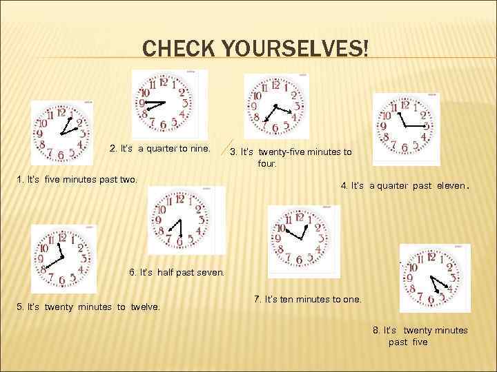 CHECK YOURSELVES! 2. It’s a quarter to nine. 1. It’s five minutes past two.