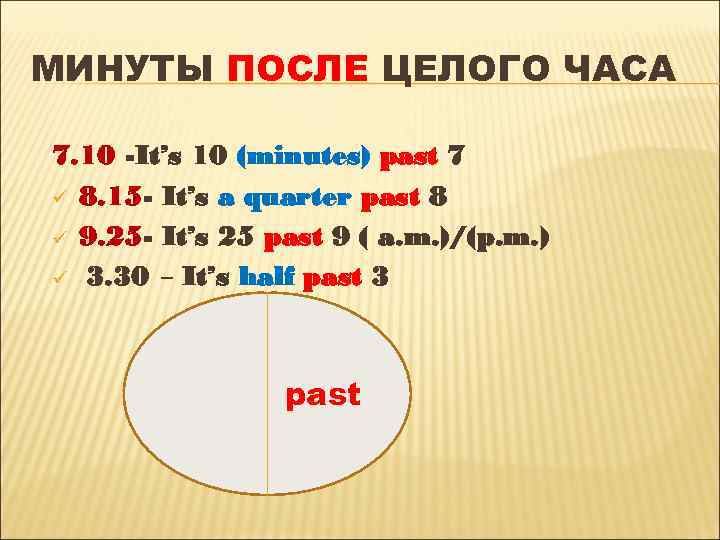 МИНУТЫ ПОСЛЕ ЦЕЛОГО ЧАСА 7. 10 -It’s 10 (minutes) past 7 ü 8. 15