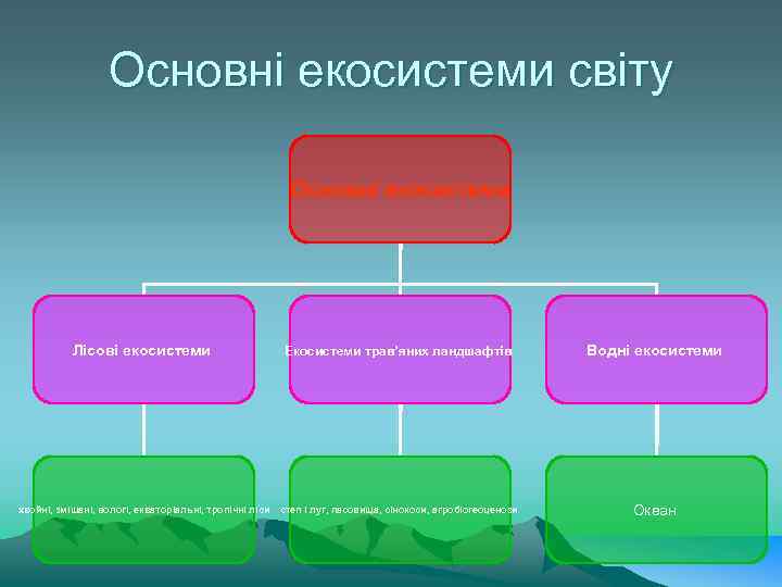Основні екосистеми світу Основні екосистеми Лісові екосистеми Екосистеми трав’яних ландшафтів Водні екосистеми хвойні, змішані,