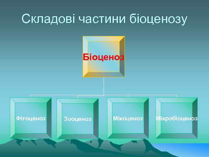 Складові частини біоценозу Біоценоз Фітоценоз Зооценоз Мікробіоценоз 
