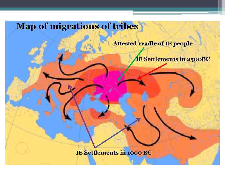 Map of migrations of tribes Attested cradle of IE people IE Settlements in 2500