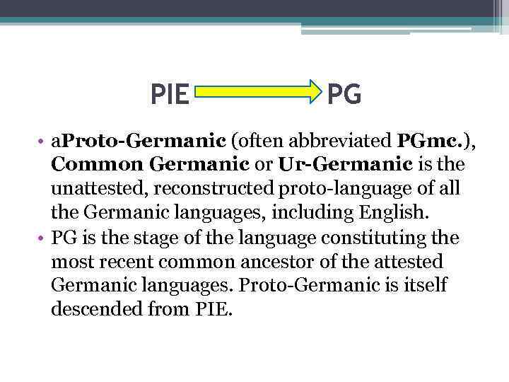 PIE PG • a. Proto-Germanic (often abbreviated PGmc. ), Common Germanic or Ur-Germanic is
