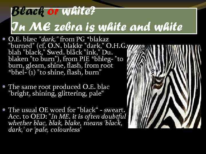 Black or white? In ME zebra is white and white O. E. blæc "dark,