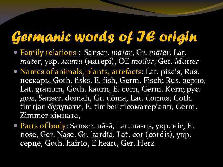 Germanic words of IE origin Family relations : Sanscr. mātar, Gr. mātēr, Lat. māter,