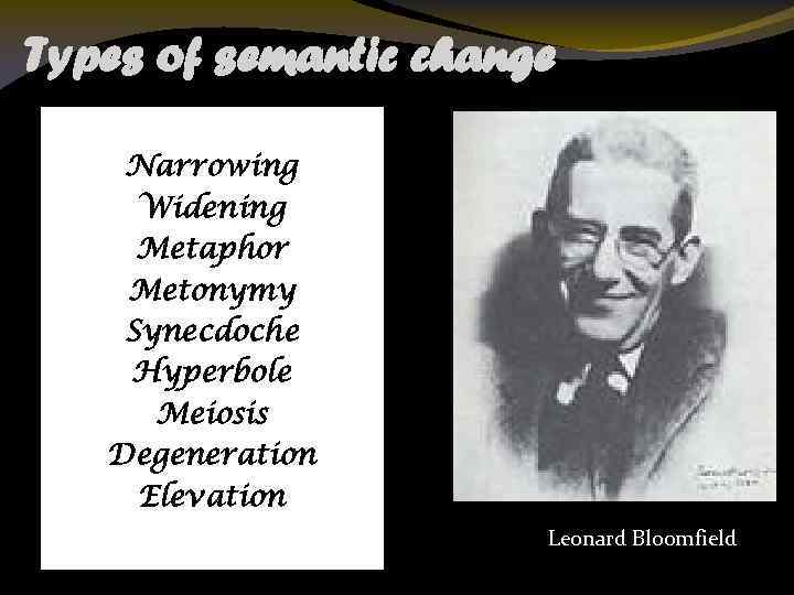 Types of semantic change Narrowing Widening Metaphor Metonymy Synecdoche Hyperbole Meiosis Degeneration Elevation Leonard