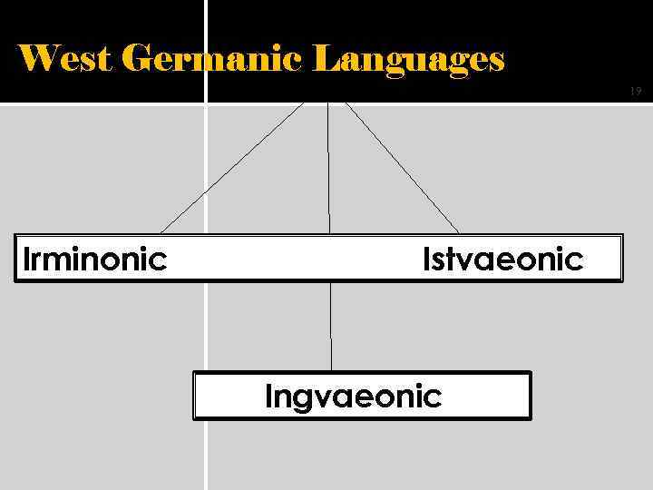 West Germanic Languages 19 Irminonic Istvaeonic Ingvaeonic 