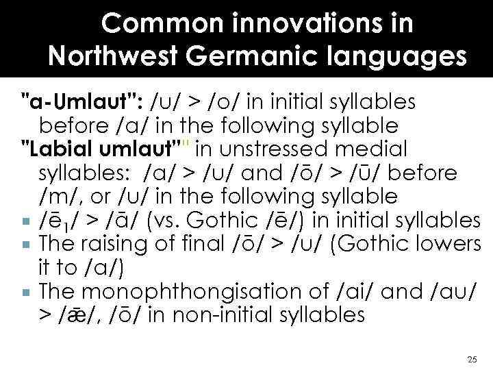 Common innovations in Northwest Germanic languages "a-Umlaut”: /u/ > /o/ in initial syllables before