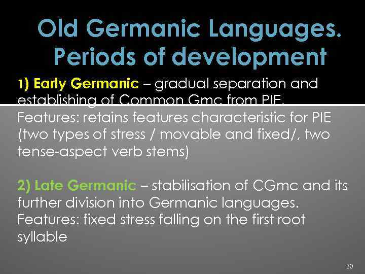 Old Germanic Languages. Periods of development 1) Early Germanic – gradual separation and establishing