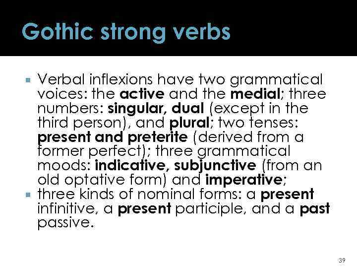 Gothic strong verbs Verbal inflexions have two grammatical voices: the active and the medial;