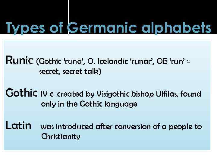 Types of Germanic alphabets Runic (Gothic ‘runa’, O. Icelandic ‘runar’, OE ‘run’ = secret,