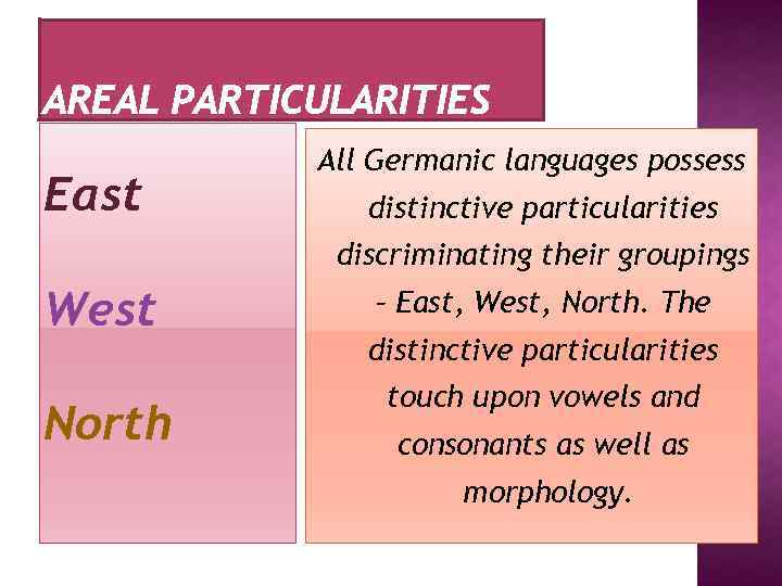 East All Germanic languages possess distinctive particularities discriminating their groupings West North – East,