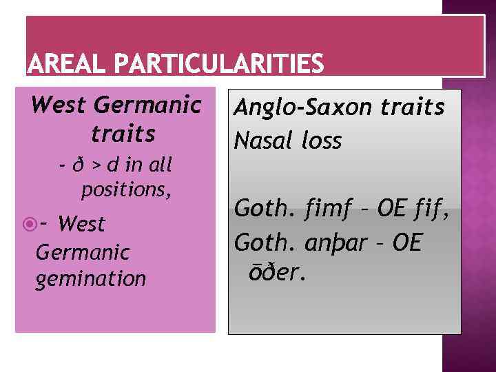 West Germanic traits - ð > d in all positions, - West Germanic gemination