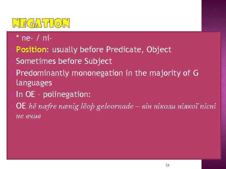 NEGATION * ne- / ni Position: usually before Predicate, Object Sometimes before Subject Predominantly