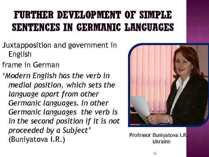 FURTHER DEVELOPMENT OF SIMPLE SENTENCES IN GERMANIC LANGUAGES Juxtapposition and government in English frame