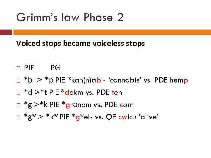 Grimm’s law Phase 2 Voiced stops became voiceless stops PIE PG *b > *p