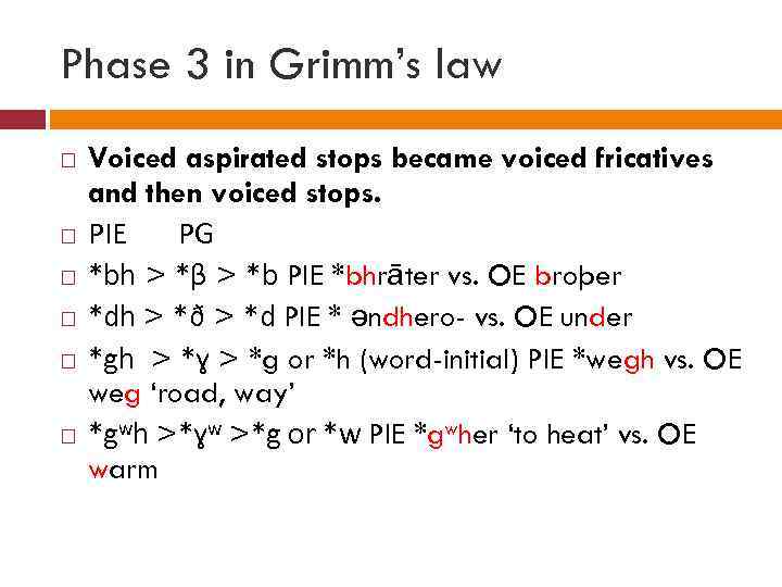 Phase 3 in Grimm’s law Voiced aspirated stops became voiced fricatives and then voiced