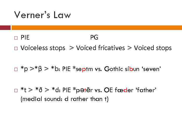 Verner’s Law PIE PG Voiceless stops > Voiced fricatives > Voiced stops *p >*β