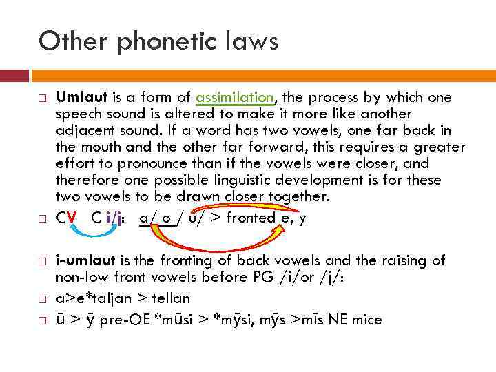 Other phonetic laws Umlaut is a form of assimilation, the process by which one