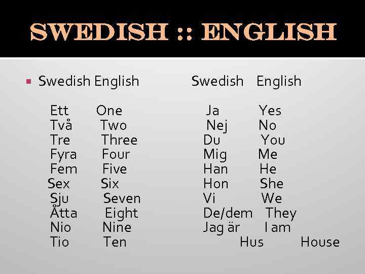 Swedish : : English Swedish English Swedish English Ett One Två Two Tre Three