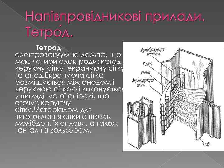 Напівпровідникові прилади. Тетро д — електровакуумна лампа, що має чотири електроди: катод, керуючу сітку,